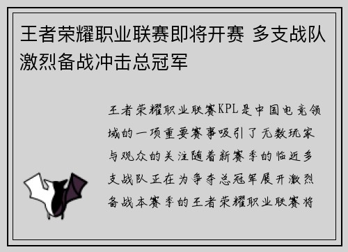王者荣耀职业联赛即将开赛 多支战队激烈备战冲击总冠军