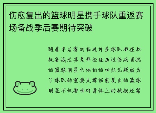 伤愈复出的篮球明星携手球队重返赛场备战季后赛期待突破